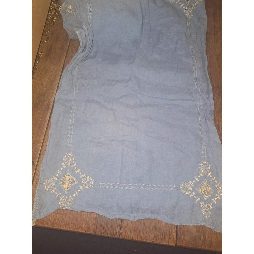 Vintage Blue Linen Table Runner and Napkin Set Floral Embroidery Lace‎ Trim